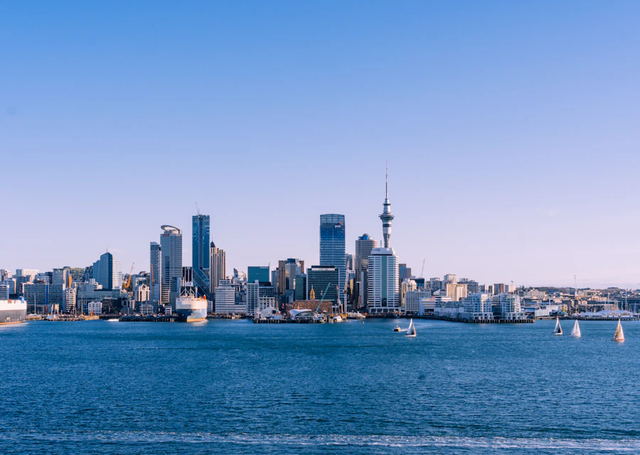 Auckland skyline and Sky Tower beyond the harbour