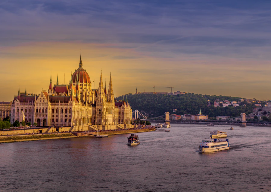 Warm evening light on the Parliament and Danube in Budapest