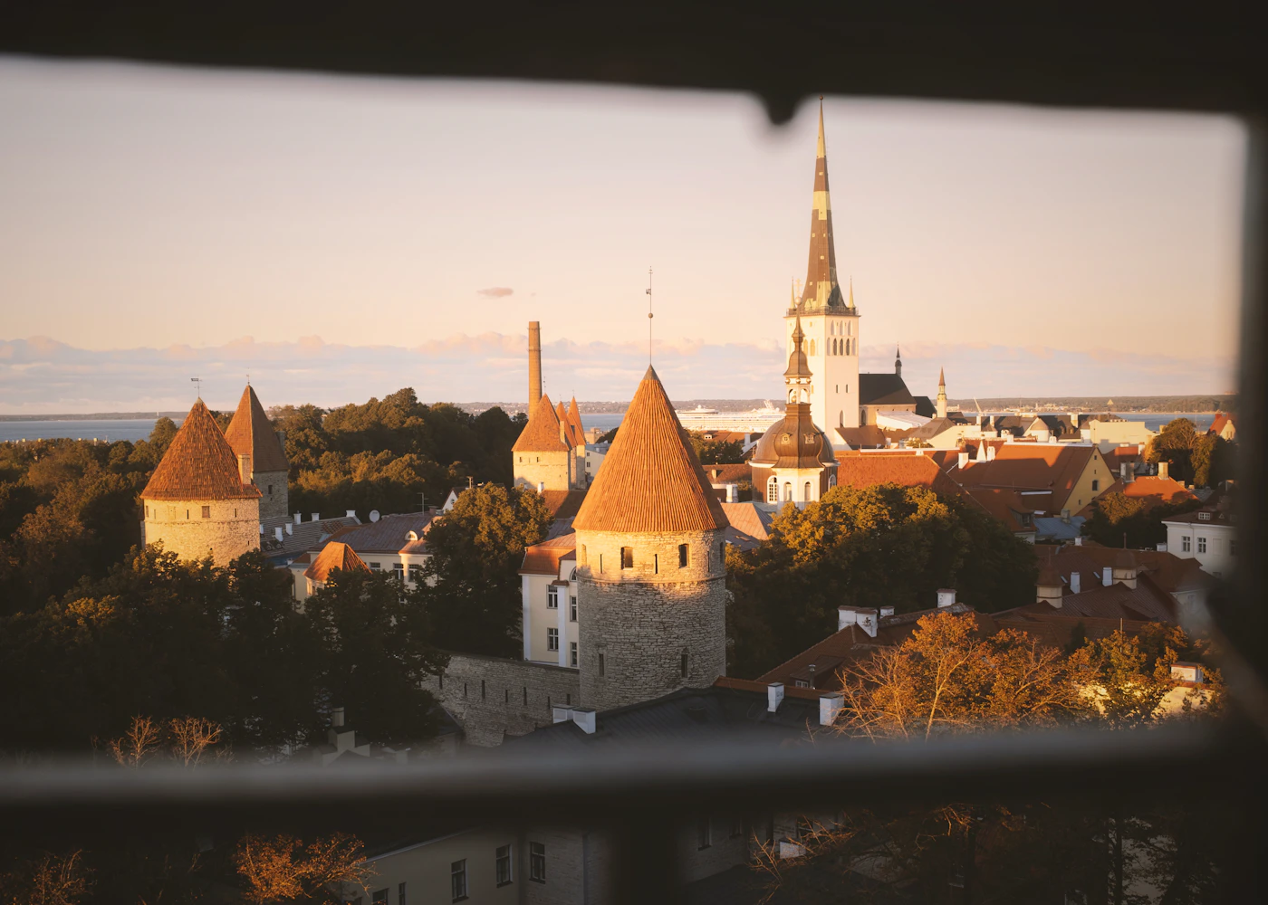 Tallinn historic centre and church spires at sunset
