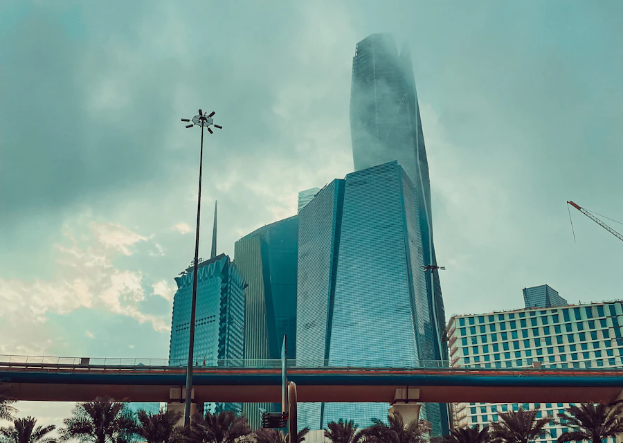 Riyadh skyline with palm trees and city streets